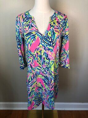 Lilly Pulitzer Rossmore Pima Cotton V Neck Dress Palm Reader Tropical Size M